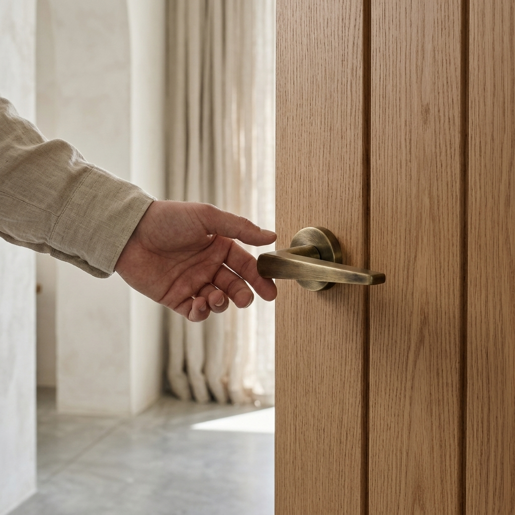 Lisbon antique brass internal door handle, tapered lever on round rose, fitted to an oak door