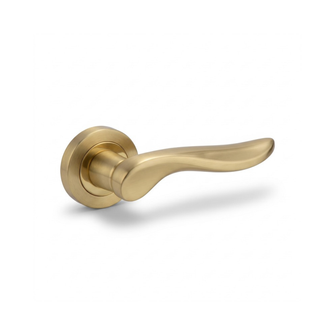 Nice satin gold curved lever door handle on round rose