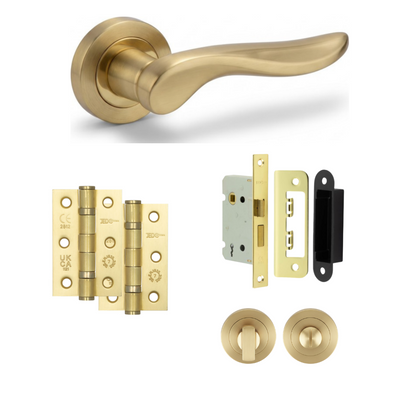 Nice satin gold door handle with hinges, bathroom lock and thumb turn