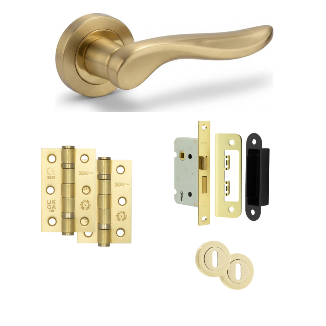 Nice satin gold door handle with hinges, mortice lock and keyhole escutcheons