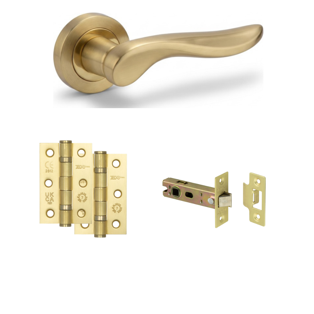Nice satin gold door handle with gold hinges and tubular latch