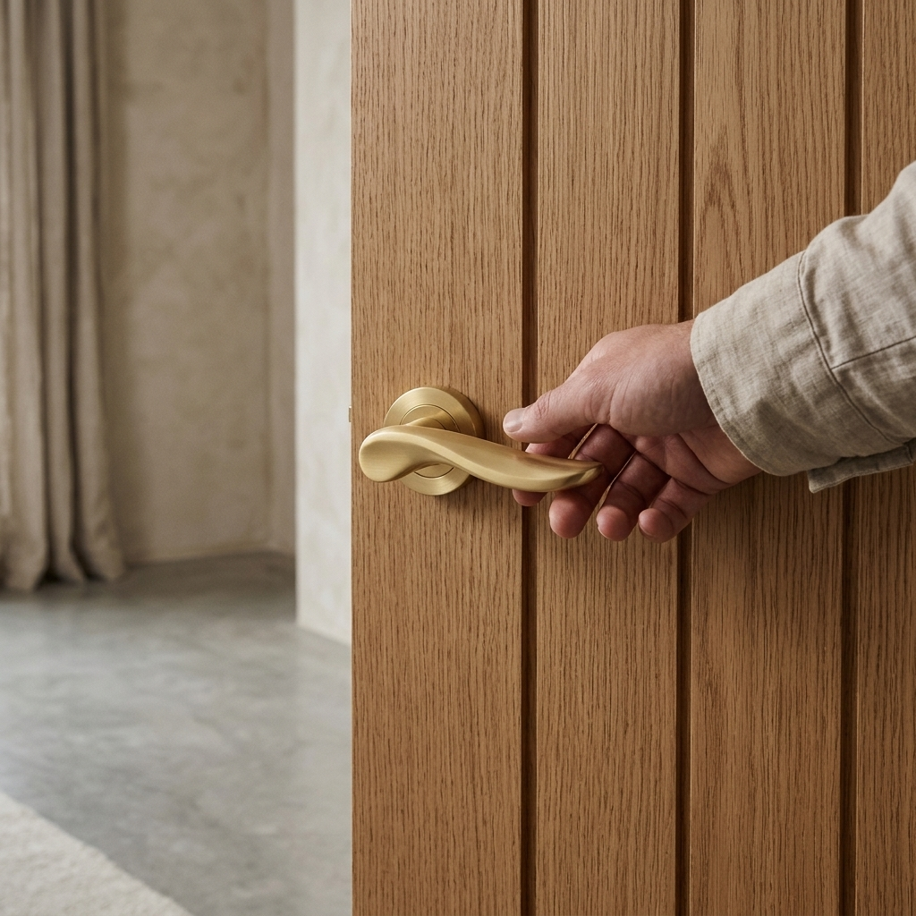 Nice satin gold internal door handle, curved lever on round rose, fitted to an oak door