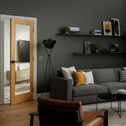 WC15G Oak Shaker internal door with clear glass - solid oak, crown-cut veneer finish