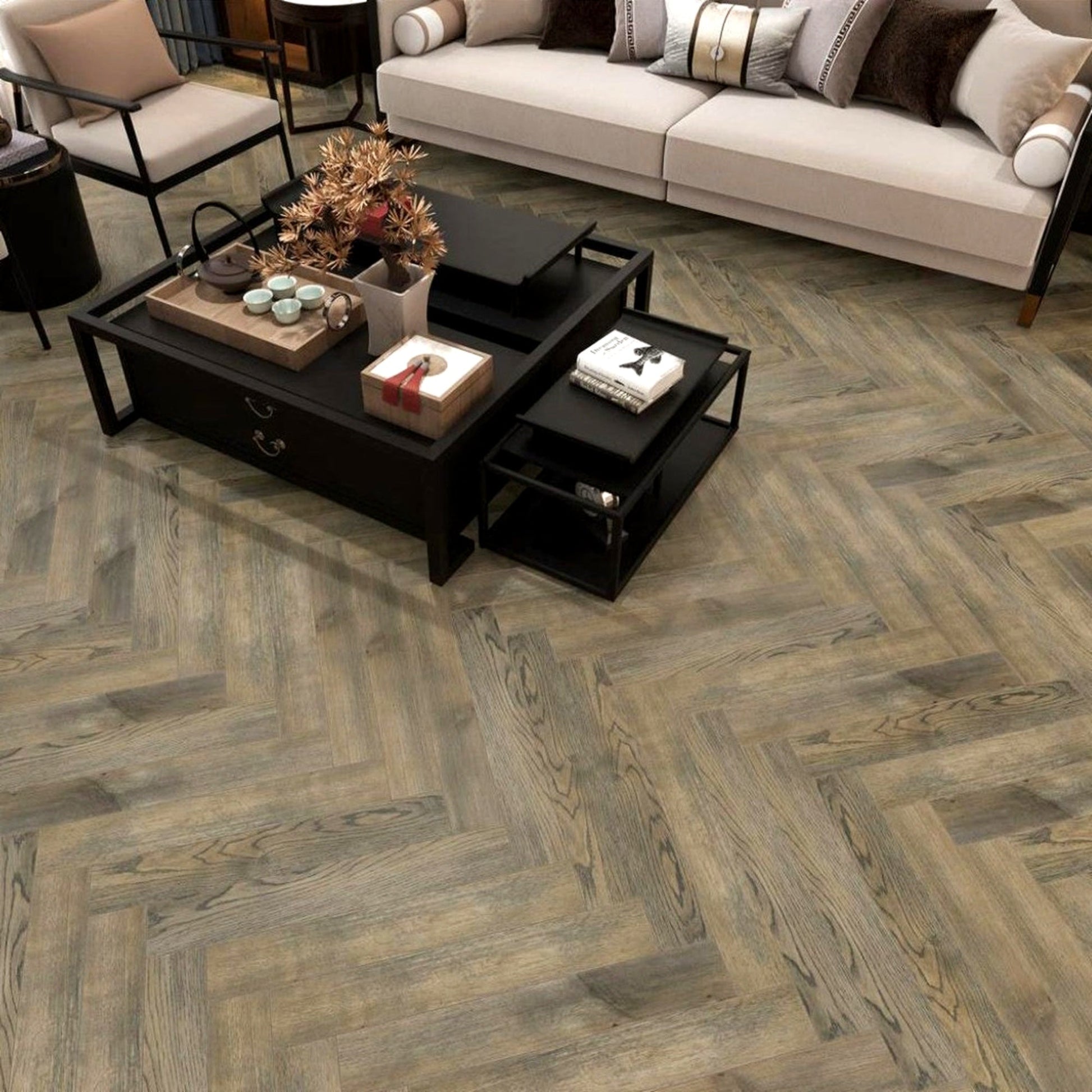 Rustic Oak herringbone laminate flooring 12mm - installed
