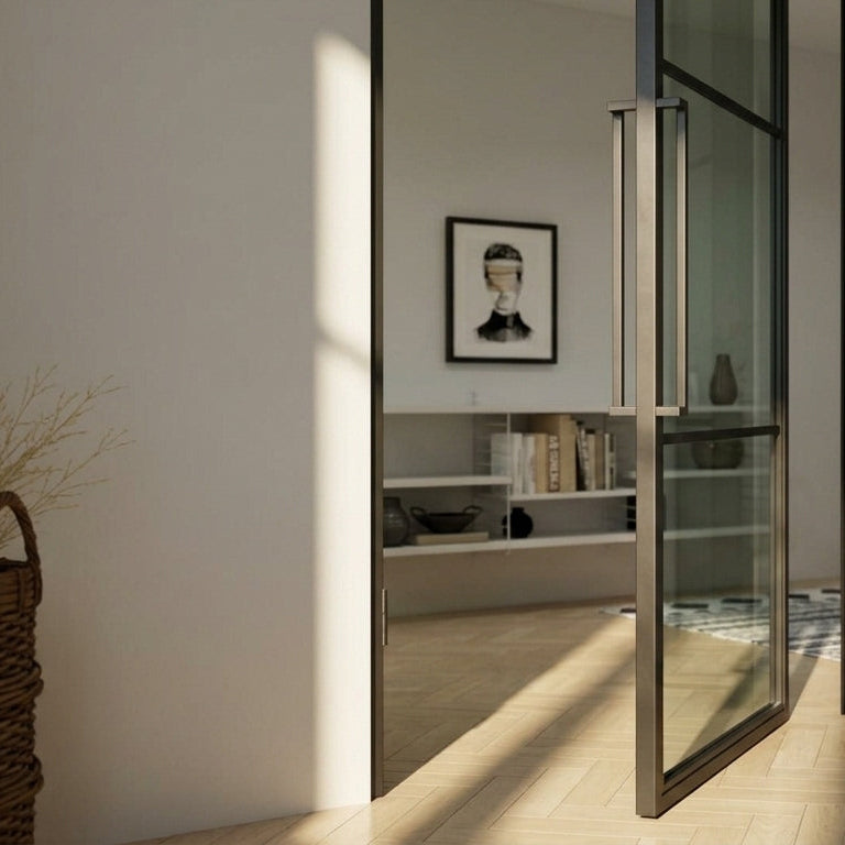 Steel black Crittall-style internal reeded glass door - Lisbon side detail