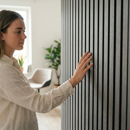 Slat Acoustic Wall Paneling Grey Lifestyle Women