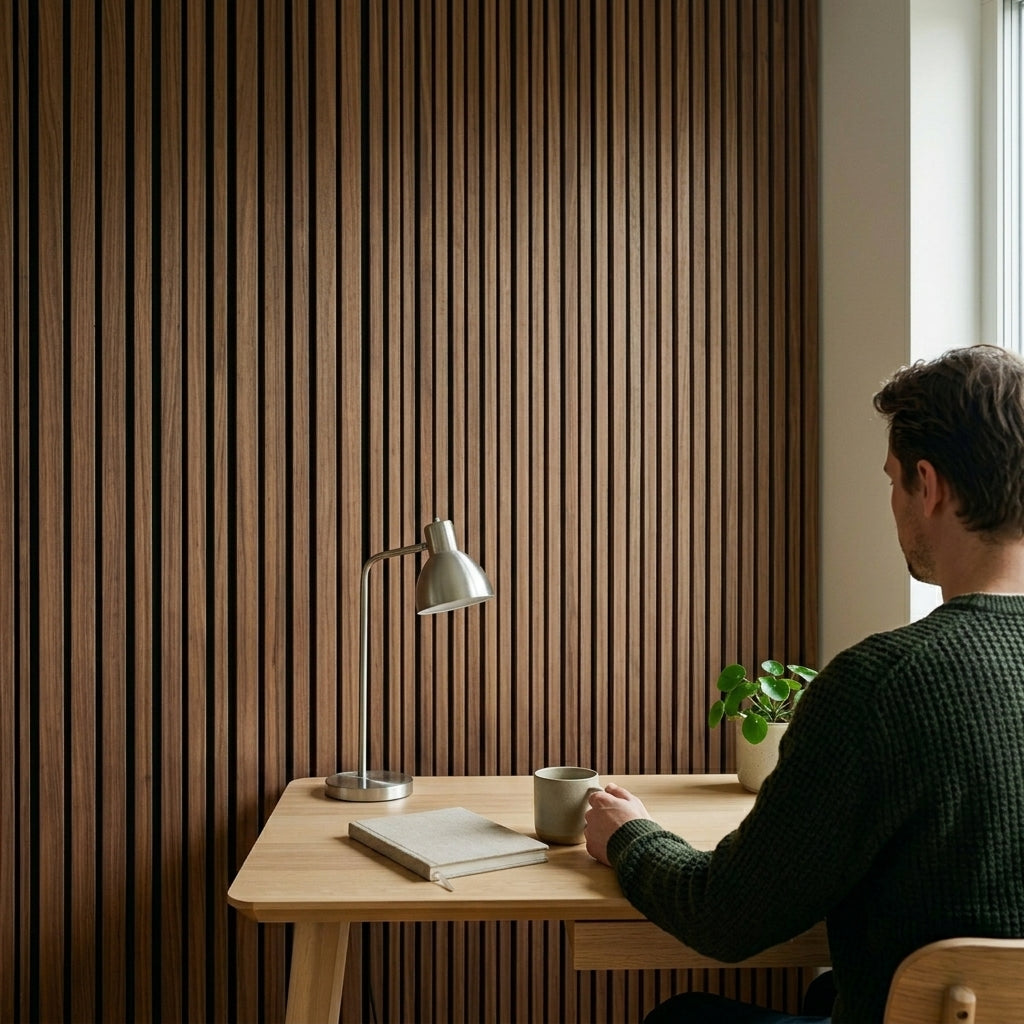 Slat Acoustic Wall Paneling Walnut White Backround Lifestyle