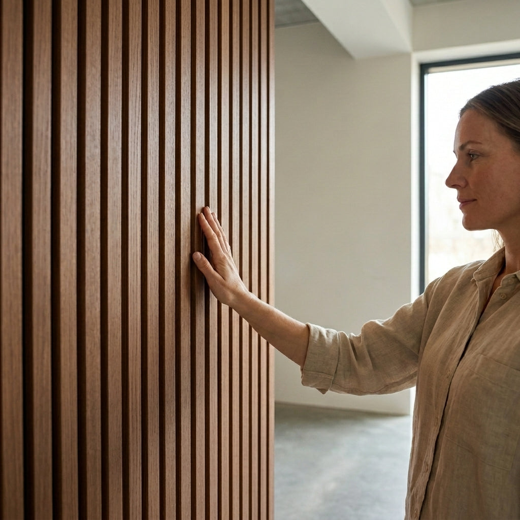 Slat Acoustic Wall Paneling Walnut White Backround Lifestyle New