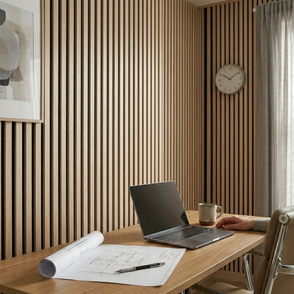 Slat Acoustic Wall Paneling Washed Oak Black Felt  Lifestyle