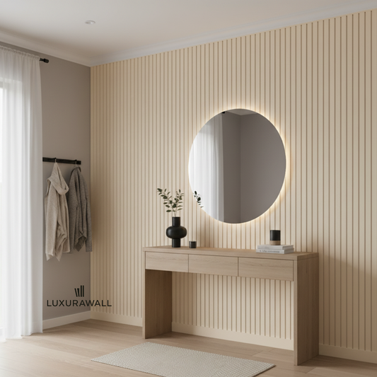 White slatted wall paneling primed white - beige finish