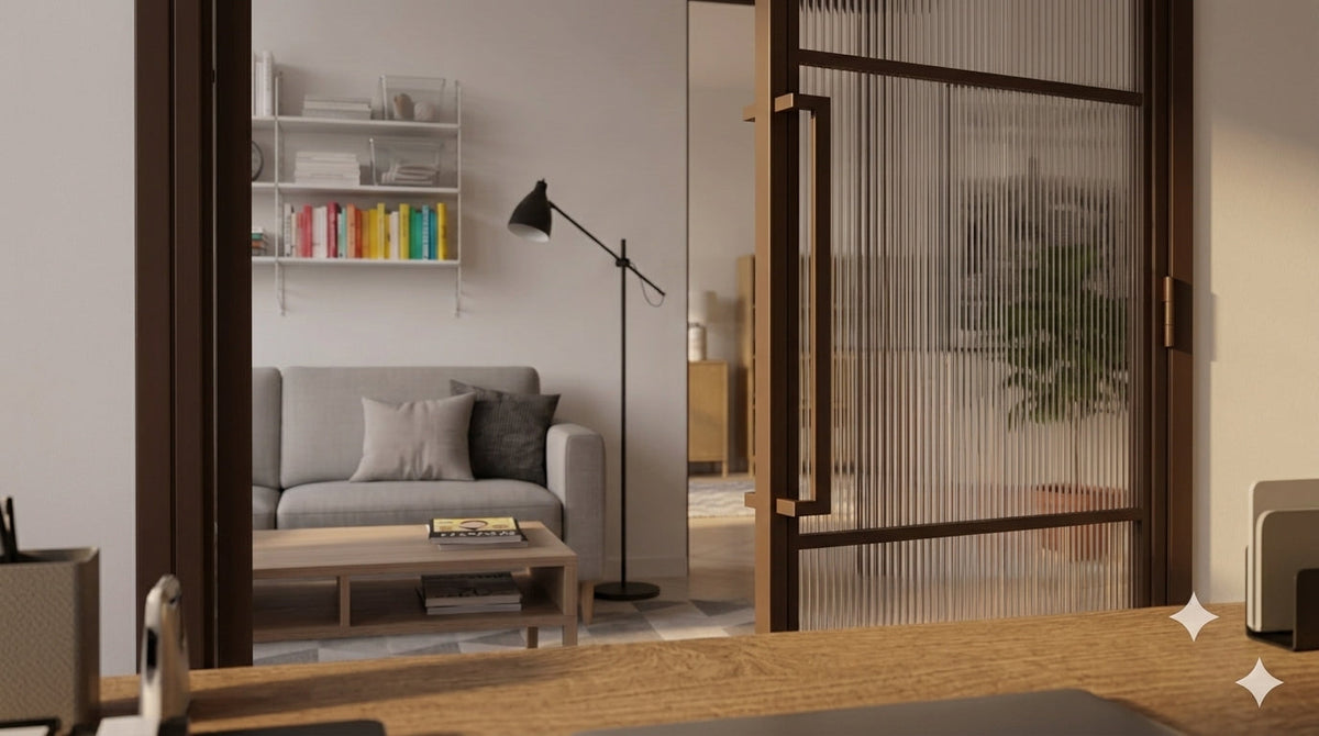 Steel bronze reeded glass door Lisbon, close-up glazing detail