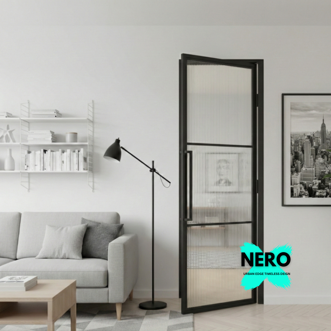 Steel Black Crittal Style Modern Internal Reeded Glass Door Lisbon