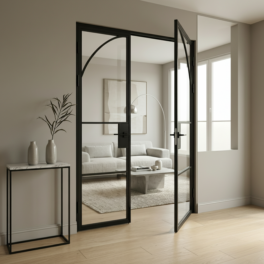 Steel black Crittall-style internal clear glass door - Paris arched top double door