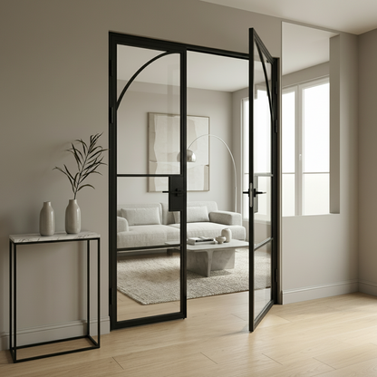 Steel black Crittall-style internal clear glass door - Paris arched top double door