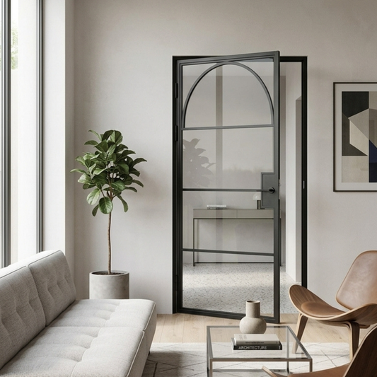 Steel black Crittall-style internal clear glass door - Paris arched top