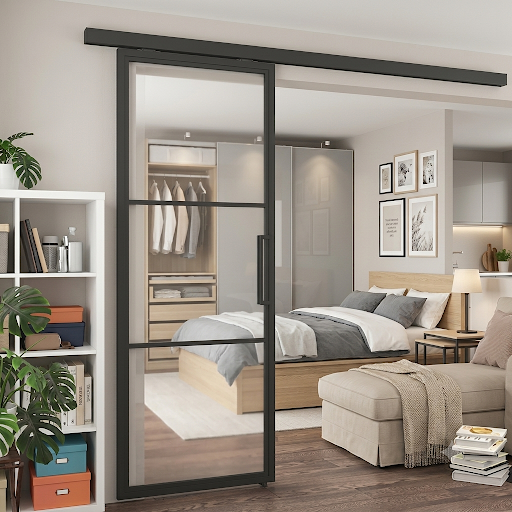 Steel Black Modern Internal Clear Glass Sliding Door Vienna - 3 Panel