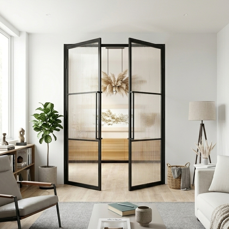 Steel Black Modern Internal Reeded Glass Door Lisbon Double Door