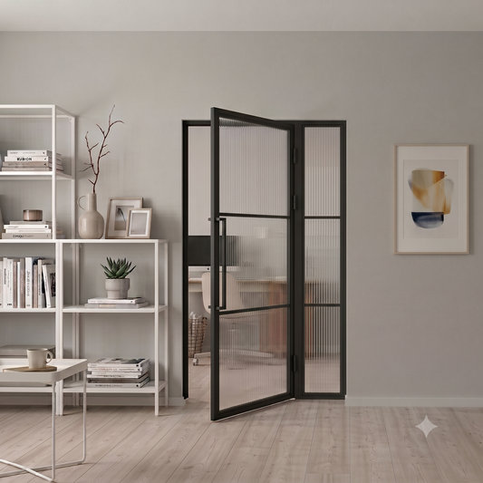 Steel Black Modern Internal Reeded Glass Door Lisbon + Side Panel