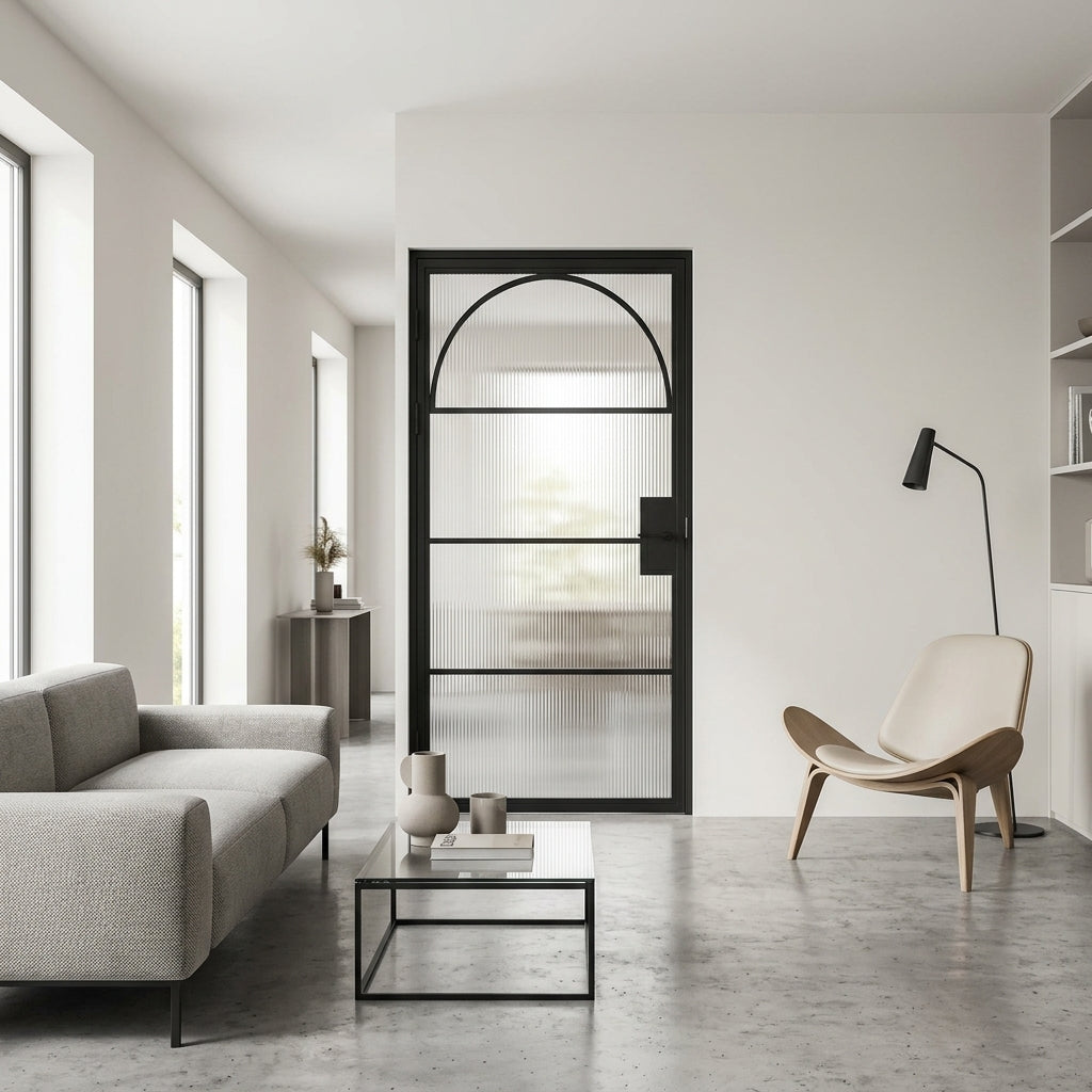Steel Black Modern Internal Reeded Glass Door Paris Arched Top Single Door Crittial
