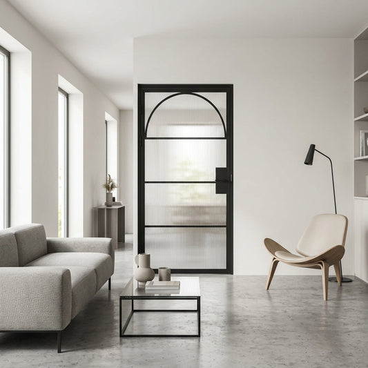 Steel black Crittall-style internal reeded glass door - Paris arched top single door