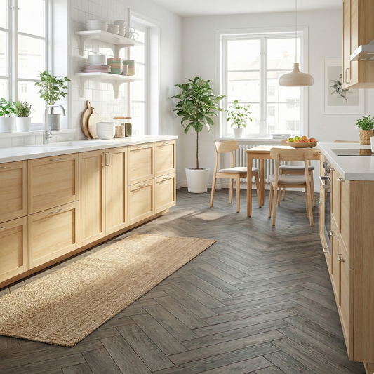 Stone Grey Oak SPC herringbone flooring - lifestyle