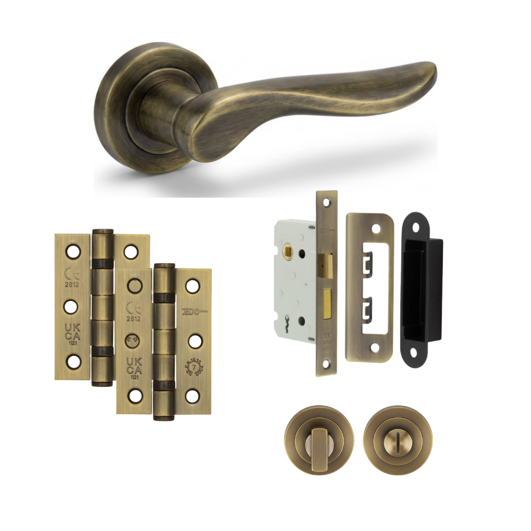 Venice antique brass door handle with hinges, bathroom lock and thumb turn