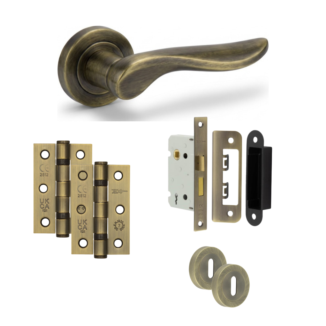 Venice antique brass door handle with hinges, mortice lock and keyhole escutcheons