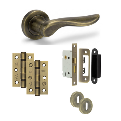 Venice antique brass door handle with hinges, mortice lock and keyhole escutcheons