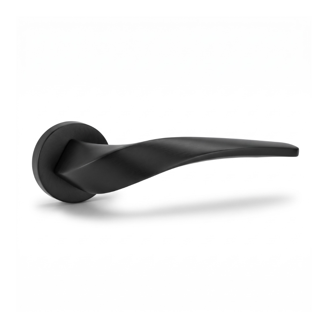 Vogue matt black twisted lever door handle on round rose