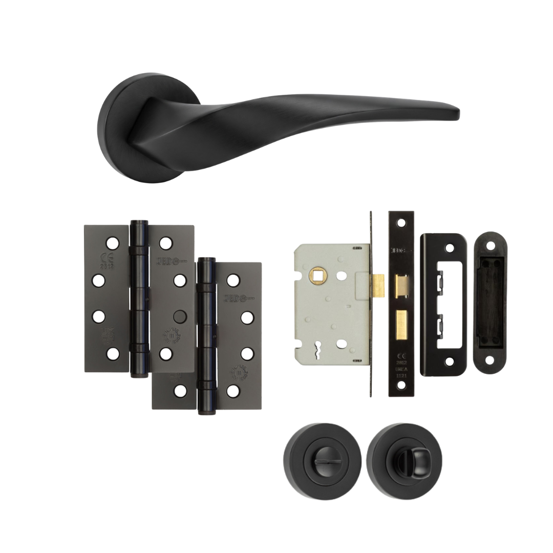 Vogue matt black door handle with hinges, bathroom lock and thumb turn