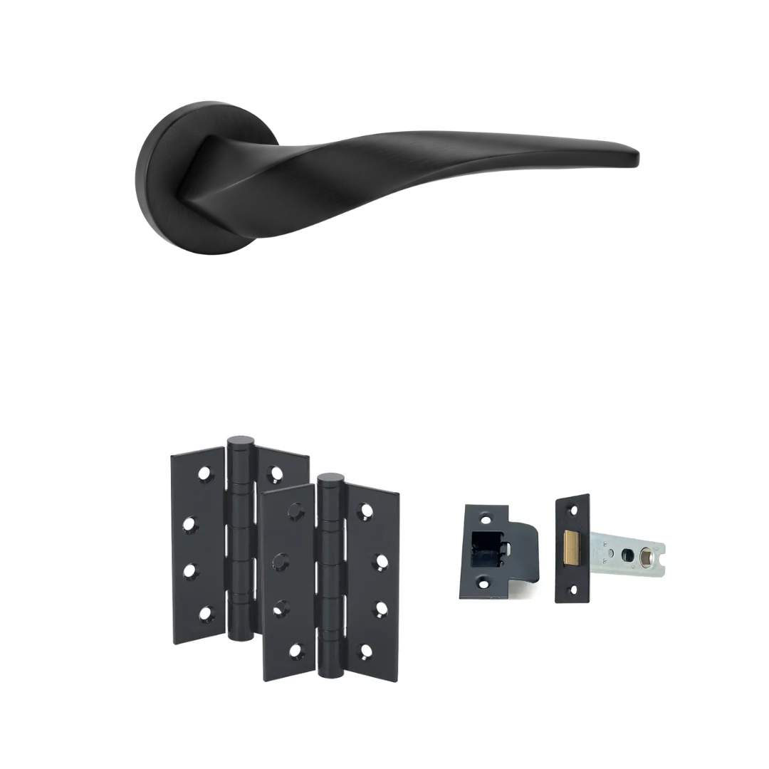 Vogue matt black door handle with black hinges and tubular latch