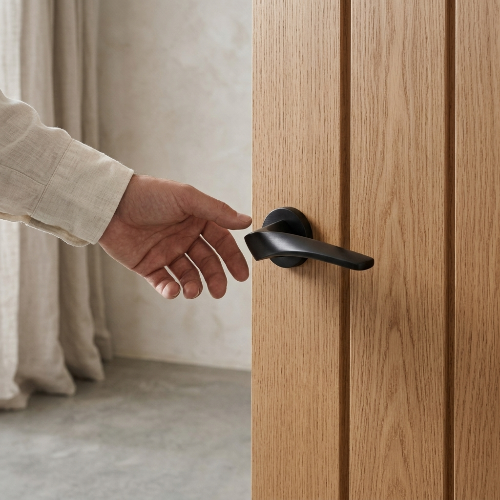 Vogue matt black internal door handle, twisted lever on round rose, fitted to an oak door