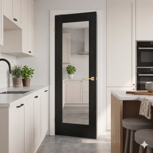 WC15GC clear glass black brushed oak internal door, front view