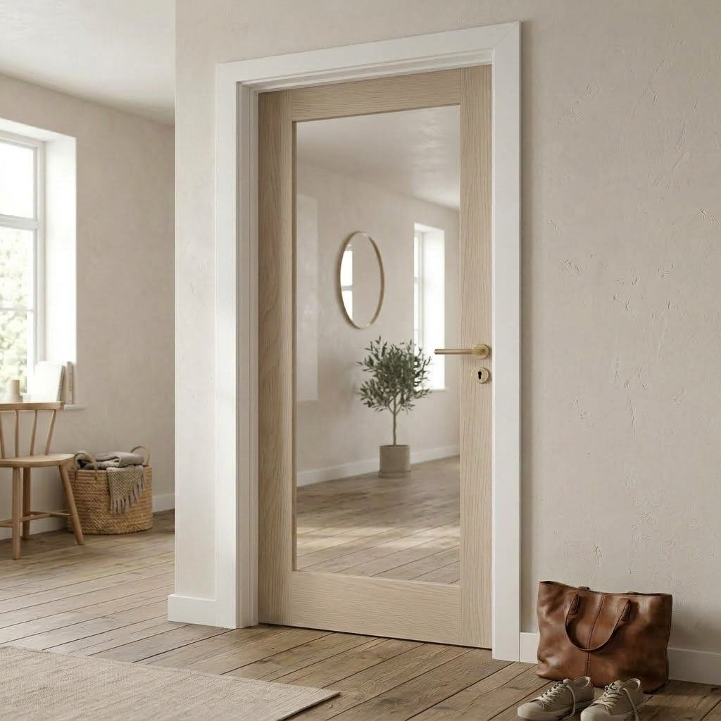 WC15GC clear glass shaker style whitewashed oak internal door