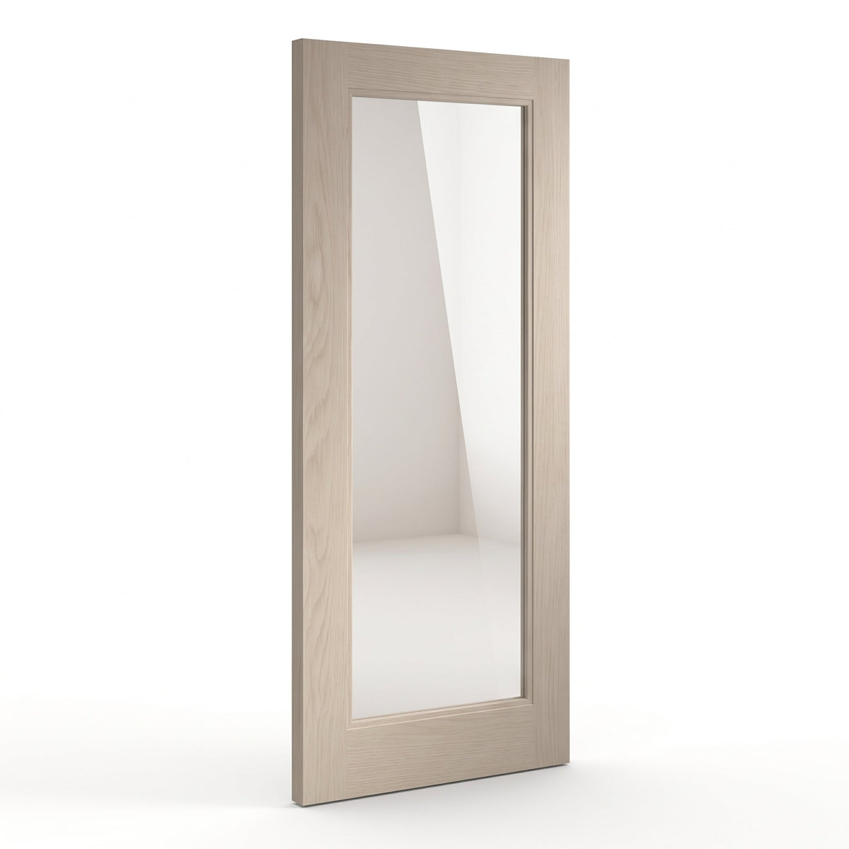 WC15GC shaker style whitewashed oak internal door with clear glass panel