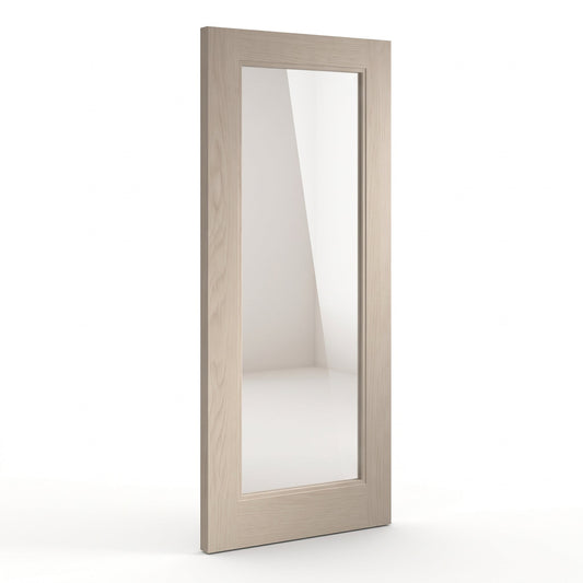 WC15GC shaker style whitewashed oak internal door with clear glass panel
