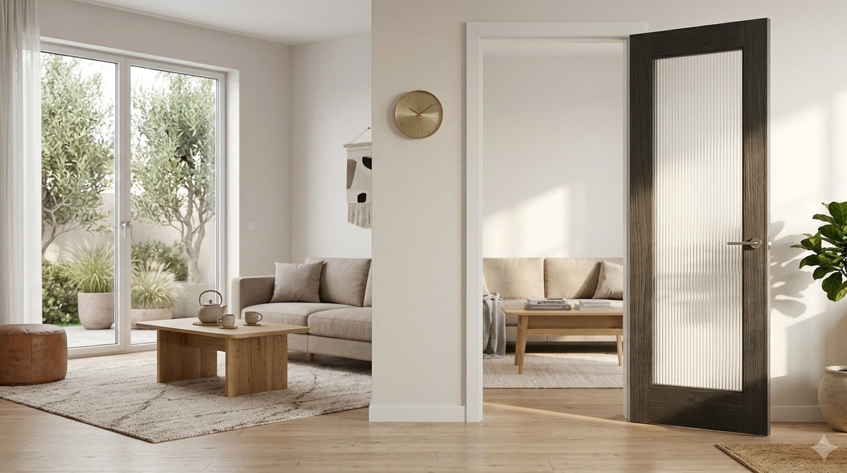 WC15GR reeded glass black brushed oak internal door, full length view
