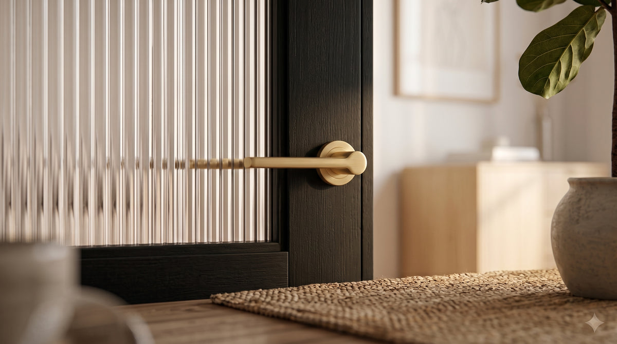 WC15GR reeded glass black brushed oak internal door, handle and hardware detail