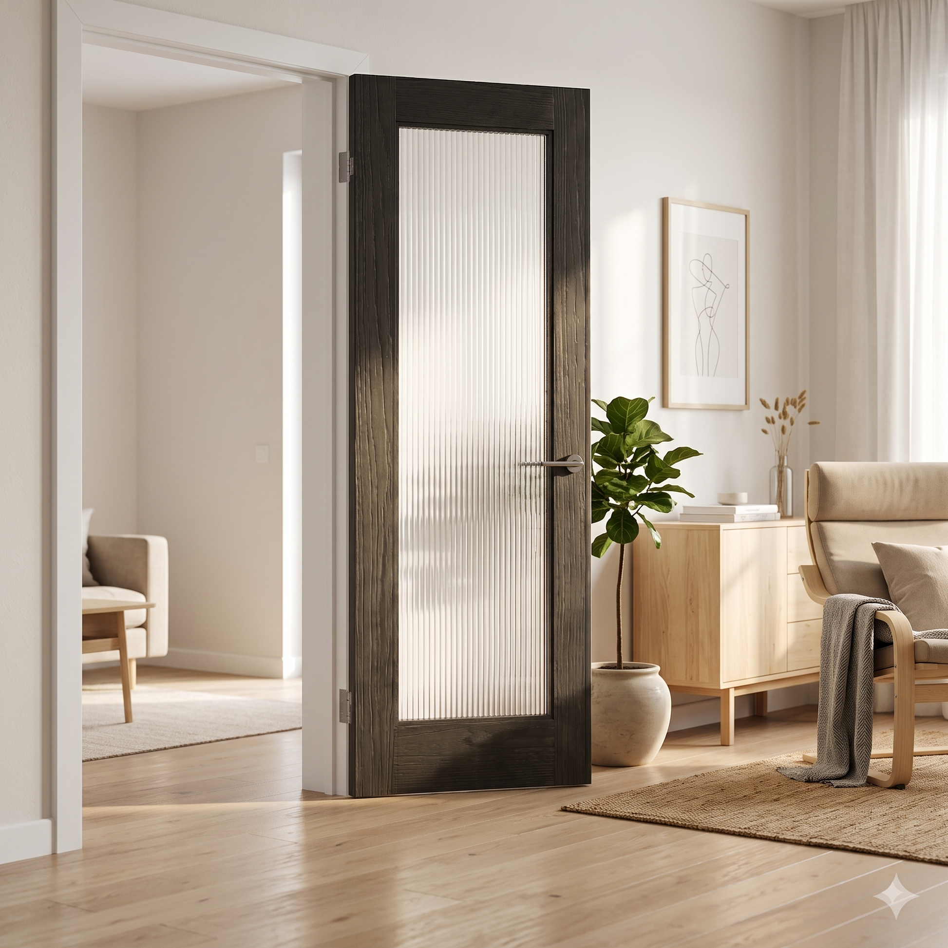 WC15GR Reeded Glass Black Brushed Oak Internal Door Lifestyle