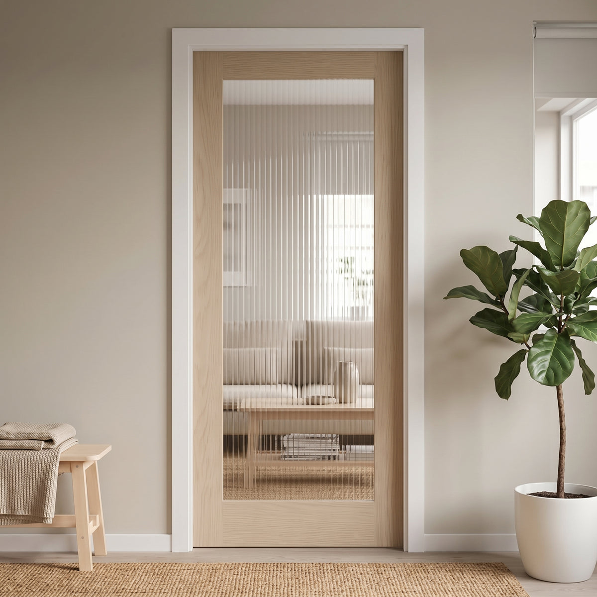 WC15GR reeded glass shaker style whitewashed oak internal door