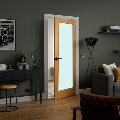 WC15G Oak Shaker internal door with frosted glass - solid oak, crown-cut veneer finish