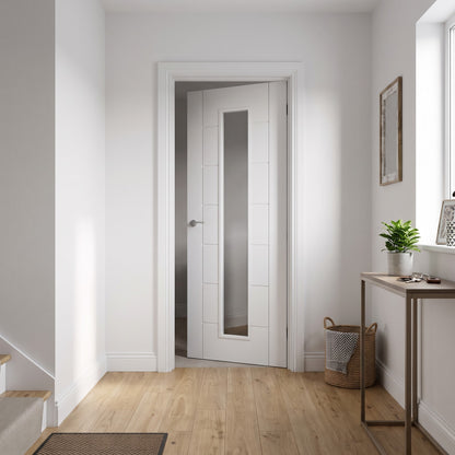 WC19GC modern style white internal door with clear glass, fitted in a hallway