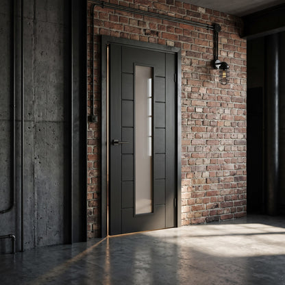 WC19GF black internal door with frosted glass, against an exposed brick wall
