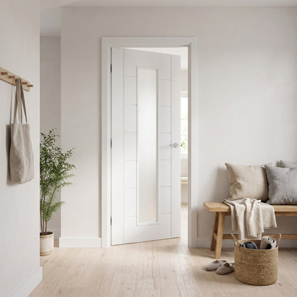 WC19GF modern style white internal door with frosted glass, fitted in a hallway