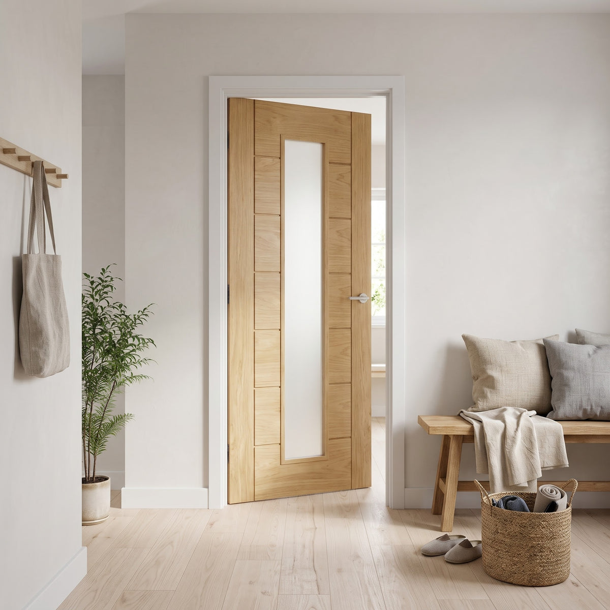 WC19GF oak contemporary internal door with frosted glass, fitted in a hallway