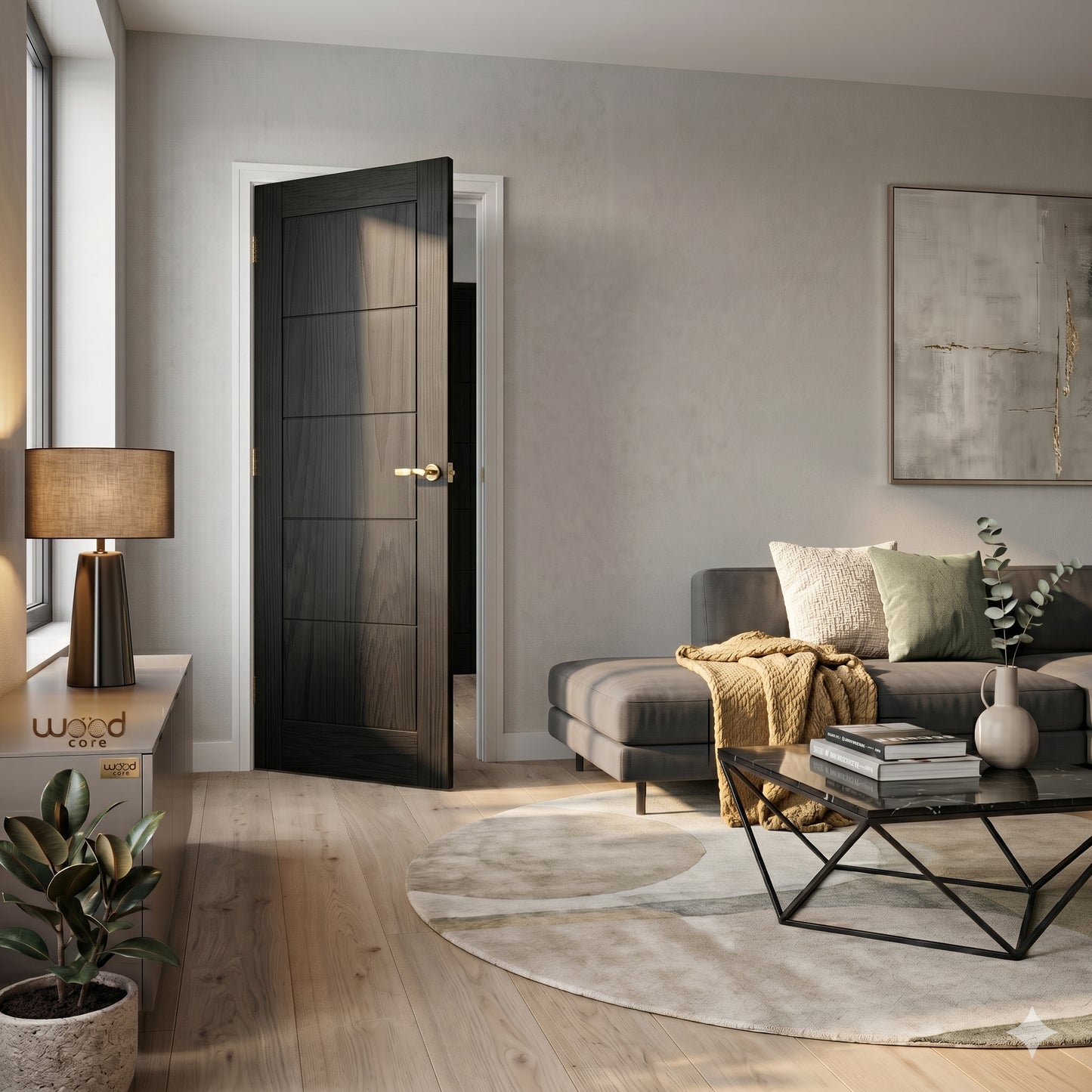 WC19 modern style black brushed oak internal door, front view