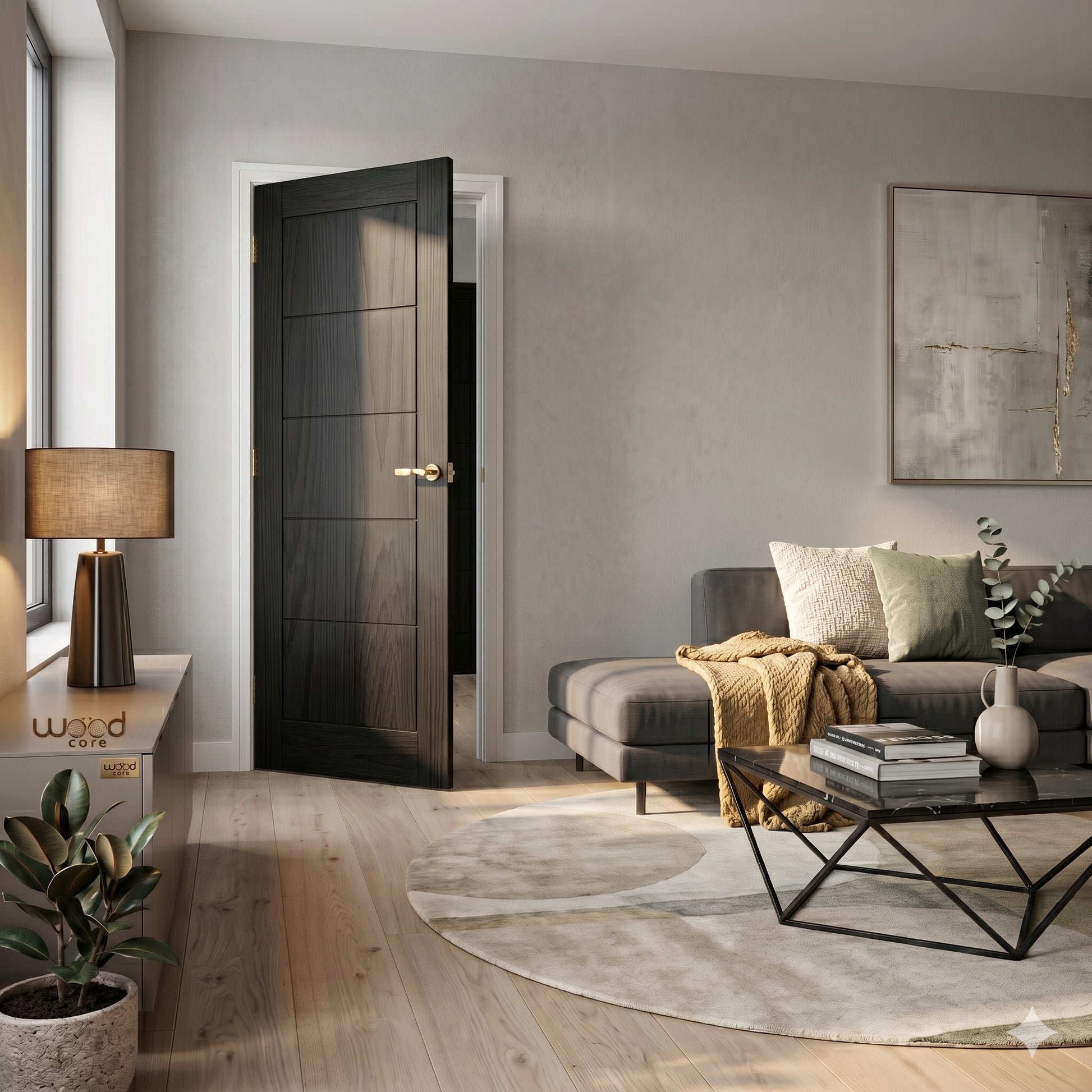WC19 modern style black brushed oak internal door, front view