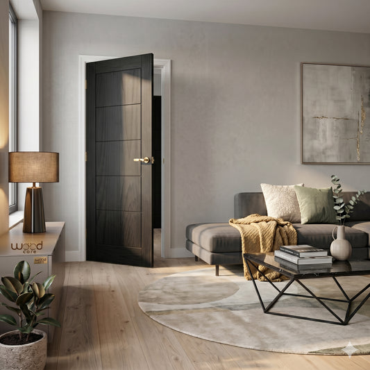 WC19 modern style black brushed oak internal door, front view