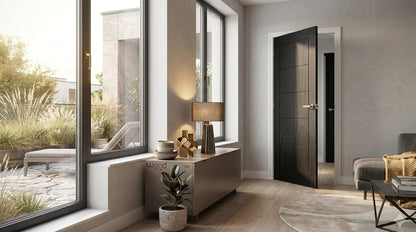WC19 modern style black brushed oak internal door fitted in a room setting