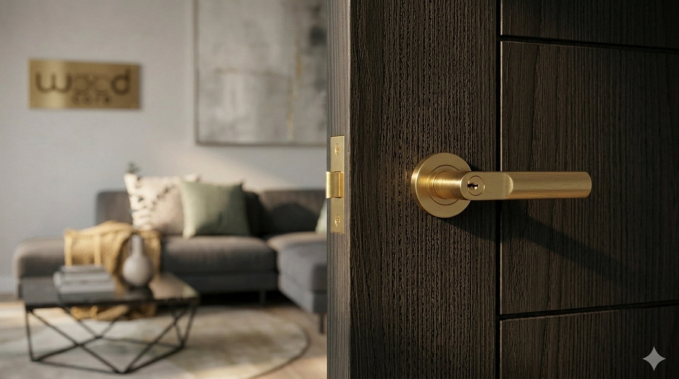 WC19 modern style black brushed oak internal door, lifestyle interior shot